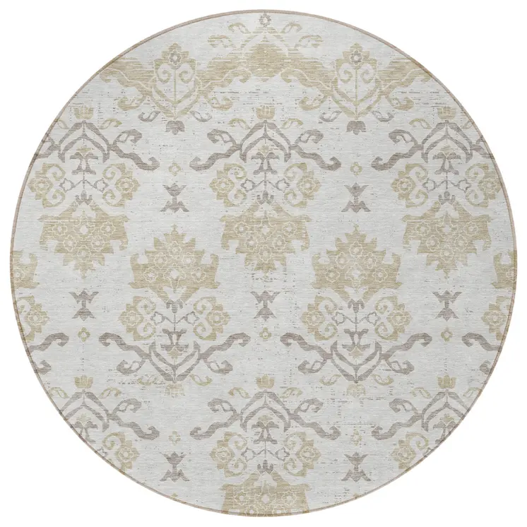 8' Ivory Beige And Taupe Round Oriental Washable Indoor Outdoor Area Rug