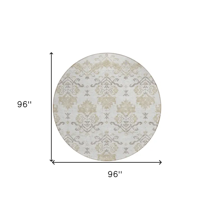 8' Ivory Beige And Taupe Round Oriental Washable Indoor Outdoor Area Rug