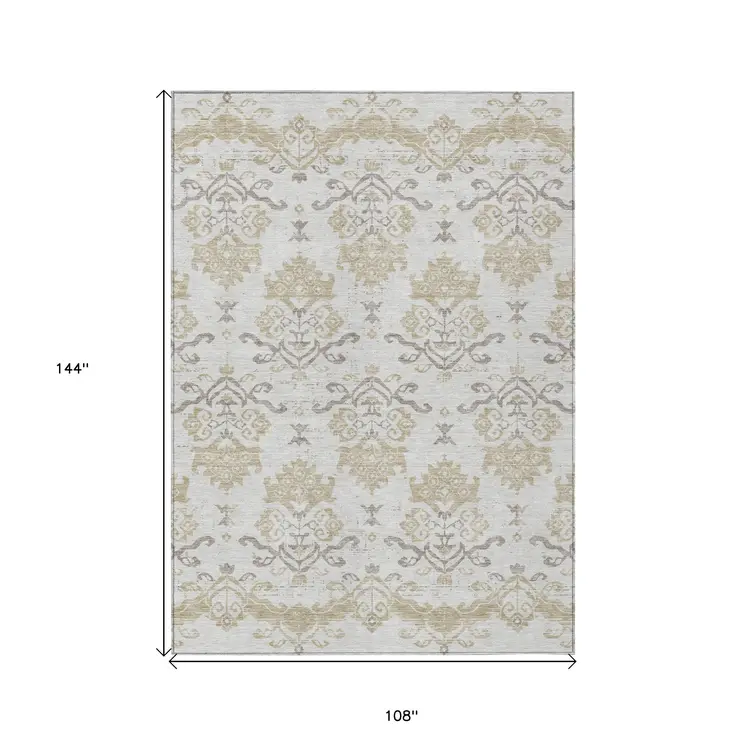 9' X 12' Ivory Beige And Taupe Oriental Washable Indoor Outdoor Area Rug