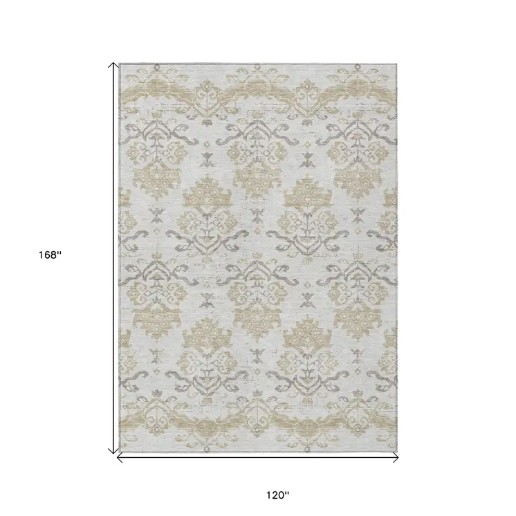 10' X 14' Ivory Beige And Taupe Oriental Washable Indoor Outdoor Area Rug