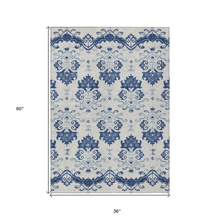 3' X 5' Navy Blue Beige And Denim Blue Oriental Washable Indoor Outdoor Area Rug