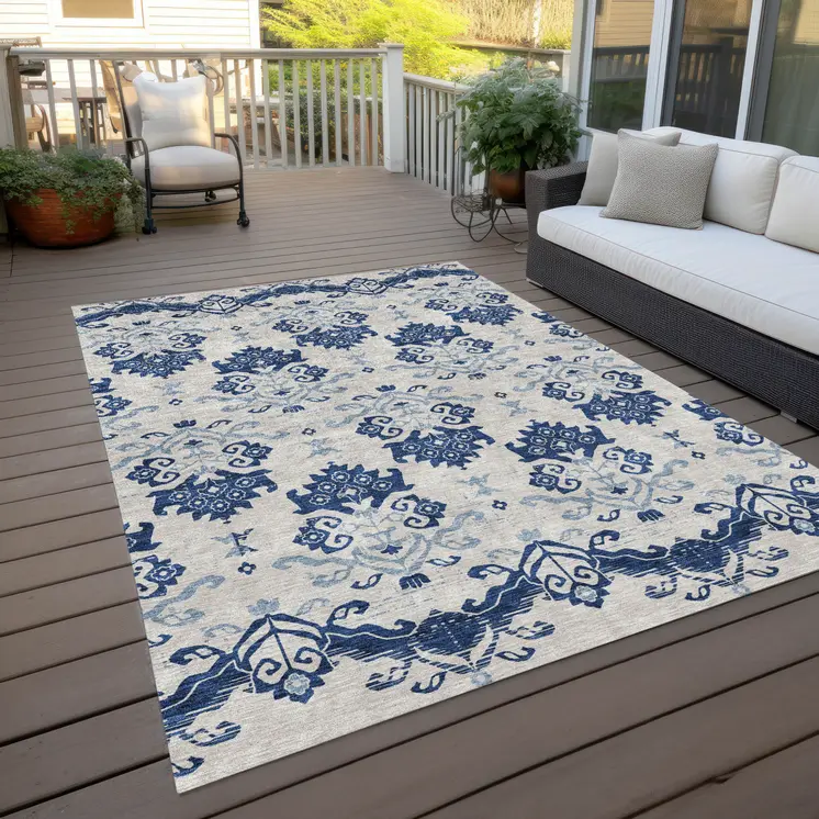 3' X 5' Navy Blue Beige And Denim Blue Oriental Washable Indoor Outdoor Area Rug