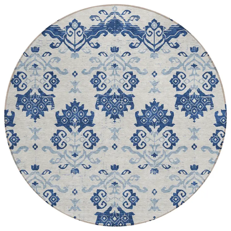 8' Navy Blue Beige And Denim Blue Round Oriental Washable Indoor Outdoor Area Rug