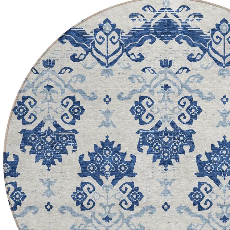 8' Navy Blue Beige And Denim Blue Round Oriental Washable Indoor Outdoor Area Rug