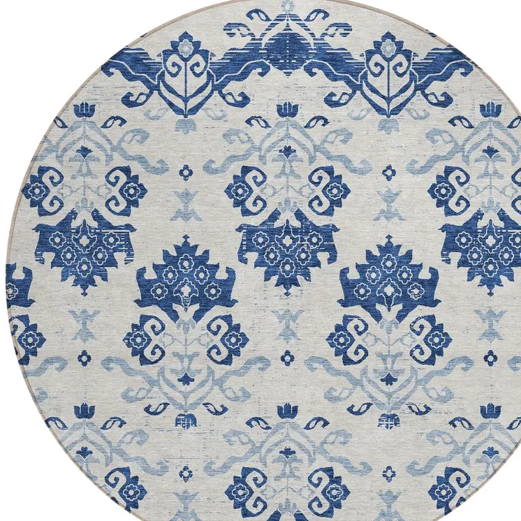 8' Navy Blue Beige And Denim Blue Round Oriental Washable Indoor Outdoor Area Rug