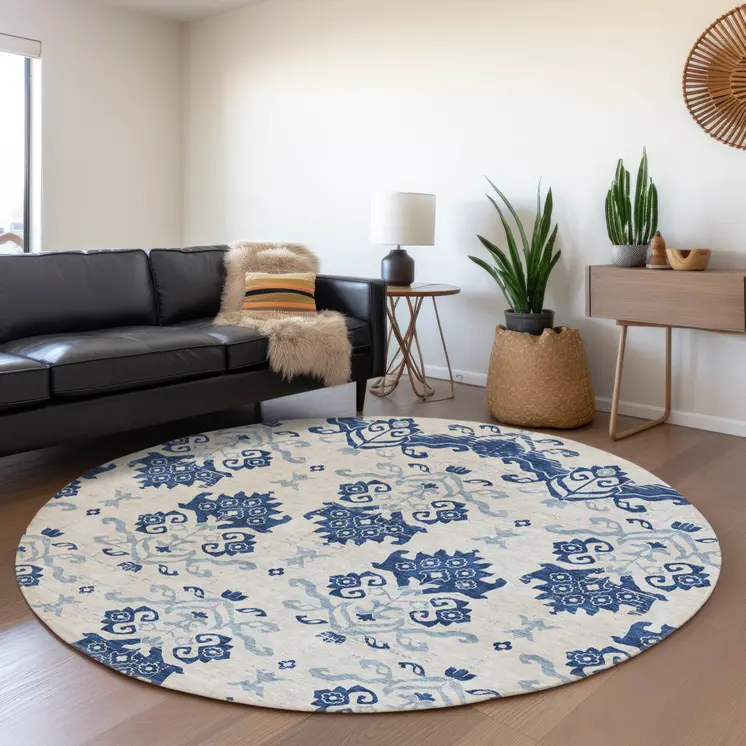 8' Navy Blue Beige And Denim Blue Round Oriental Washable Indoor Outdoor Area Rug