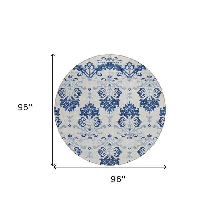 8' Navy Blue Beige And Denim Blue Round Oriental Washable Indoor Outdoor Area Rug