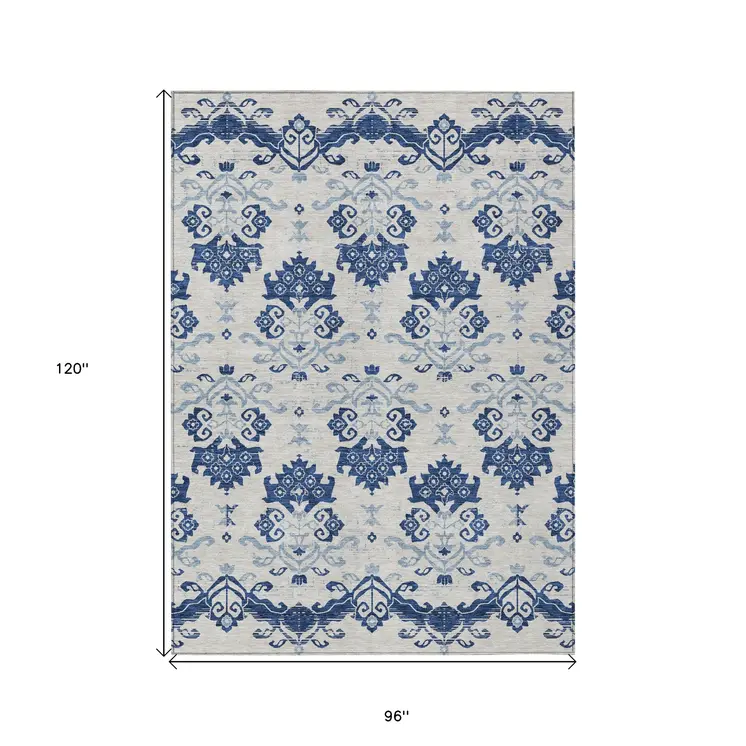 8' X 10' Navy Blue Beige And Denim Blue Oriental Washable Indoor Outdoor Area Rug