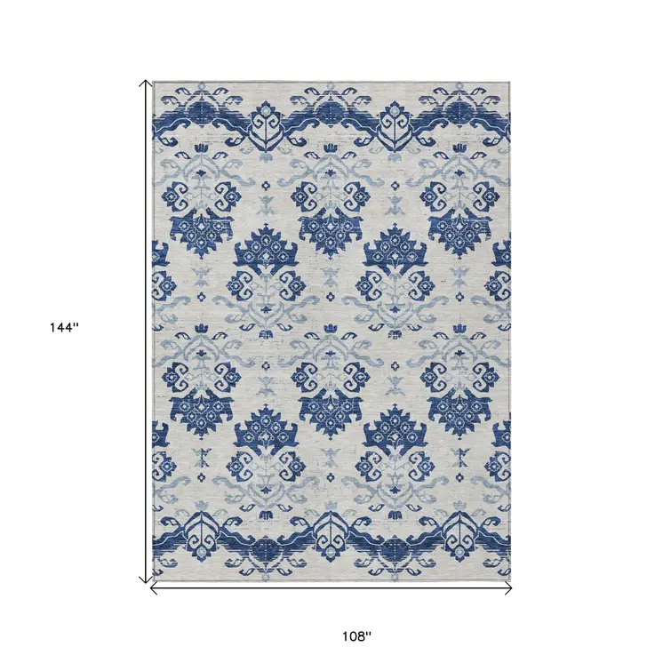 9' X 12' Navy Blue Beige And Denim Blue Oriental Washable Indoor Outdoor Area Rug
