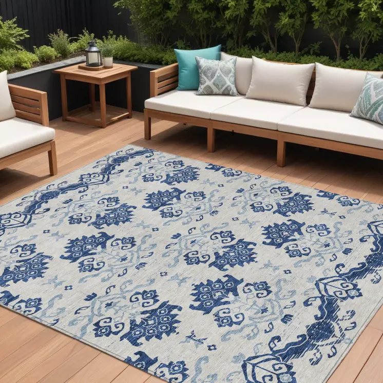 10' X 14' Navy Blue Beige And Denim Blue Oriental Washable Indoor Outdoor Area Rug
