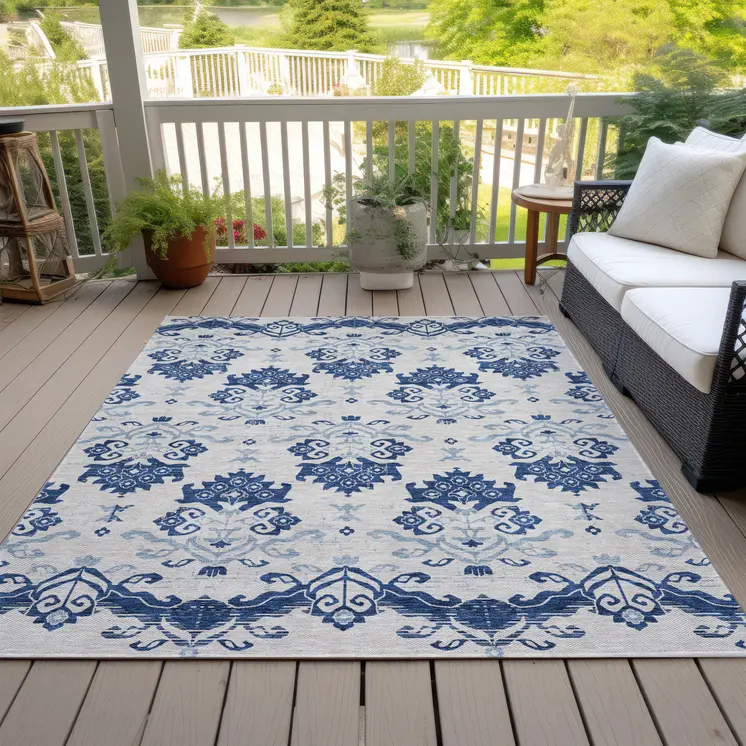 10' X 14' Navy Blue Beige And Denim Blue Oriental Washable Indoor Outdoor Area Rug