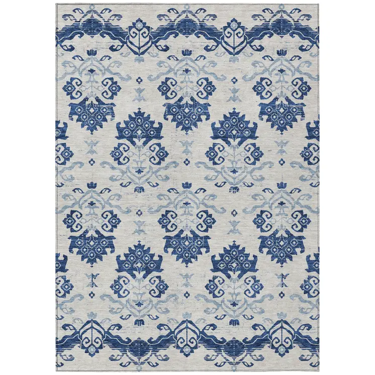 10' X 14' Navy Blue Beige And Denim Blue Oriental Washable Indoor Outdoor Area Rug