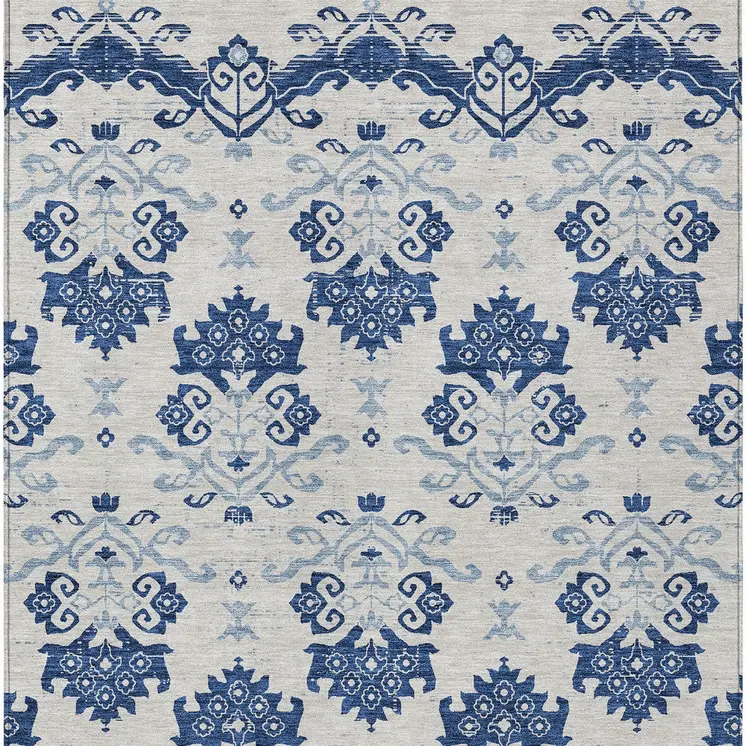 10' X 14' Navy Blue Beige And Denim Blue Oriental Washable Indoor Outdoor Area Rug