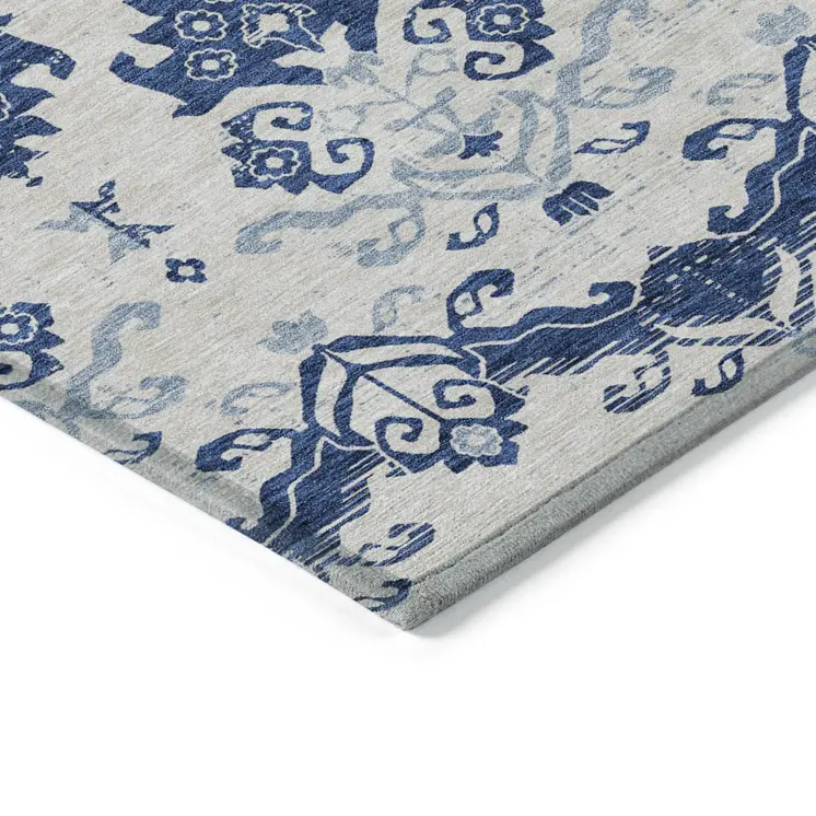 10' X 14' Navy Blue Beige And Denim Blue Oriental Washable Indoor Outdoor Area Rug