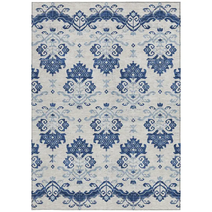10' X 14' Navy Blue Beige And Denim Blue Oriental Washable Indoor Outdoor Area Rug