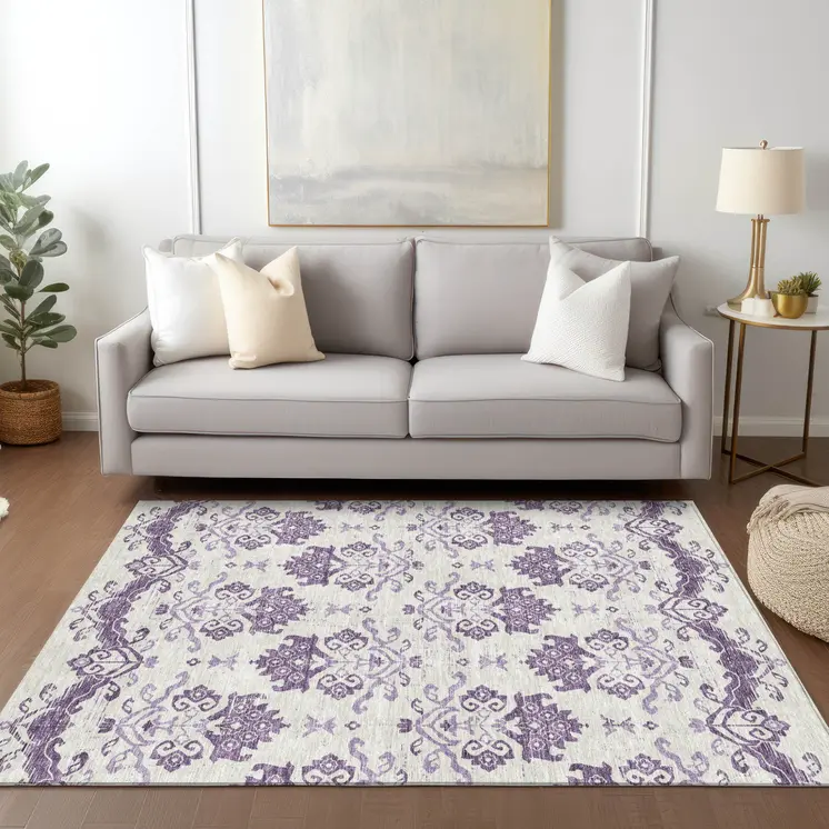 3' X 5' Purple Silver And Lilac Oriental Washable Indoor Outdoor Area Rug