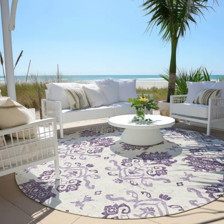 8' Purple Silver And Lilac Round Oriental Washable Indoor Outdoor Area Rug