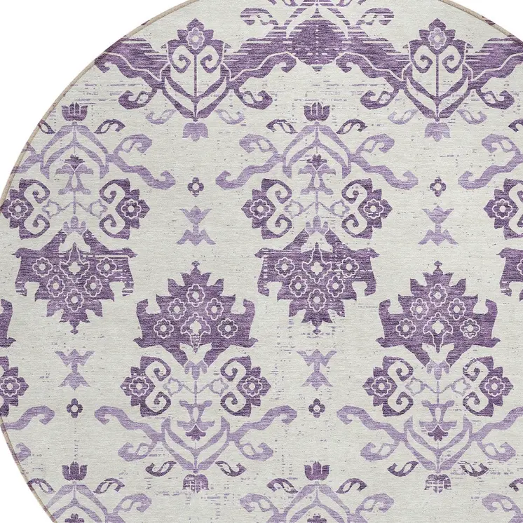 8' Purple Silver And Lilac Round Oriental Washable Indoor Outdoor Area Rug