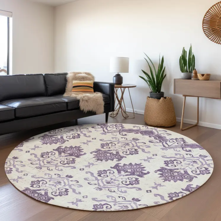 8' Purple Silver And Lilac Round Oriental Washable Indoor Outdoor Area Rug