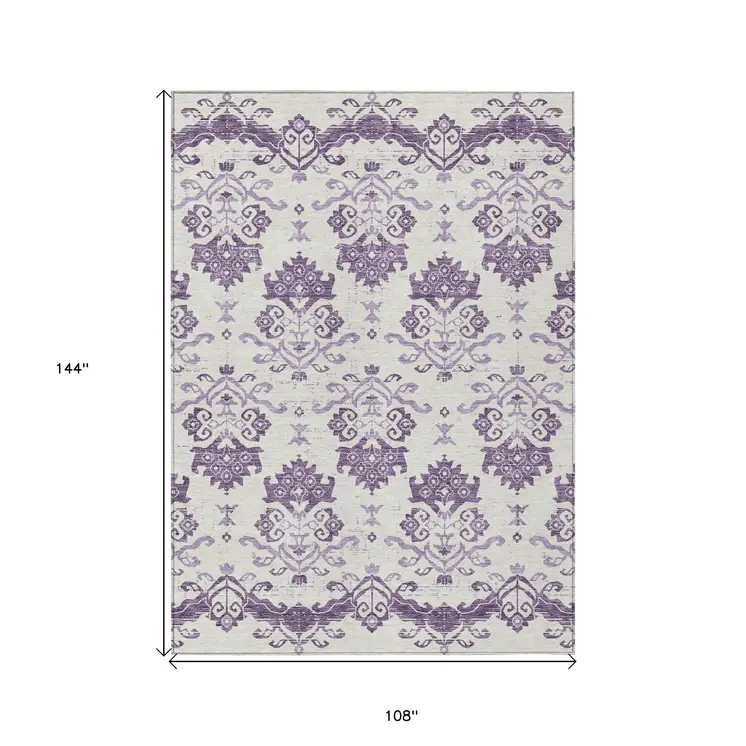 9' X 12' Purple Silver And Lilac Oriental Washable Indoor Outdoor Area Rug