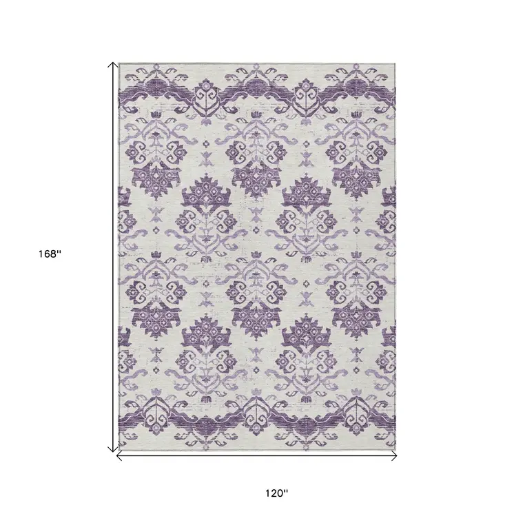 10' X 14' Purple Silver And Lilac Oriental Washable Indoor Outdoor Area Rug