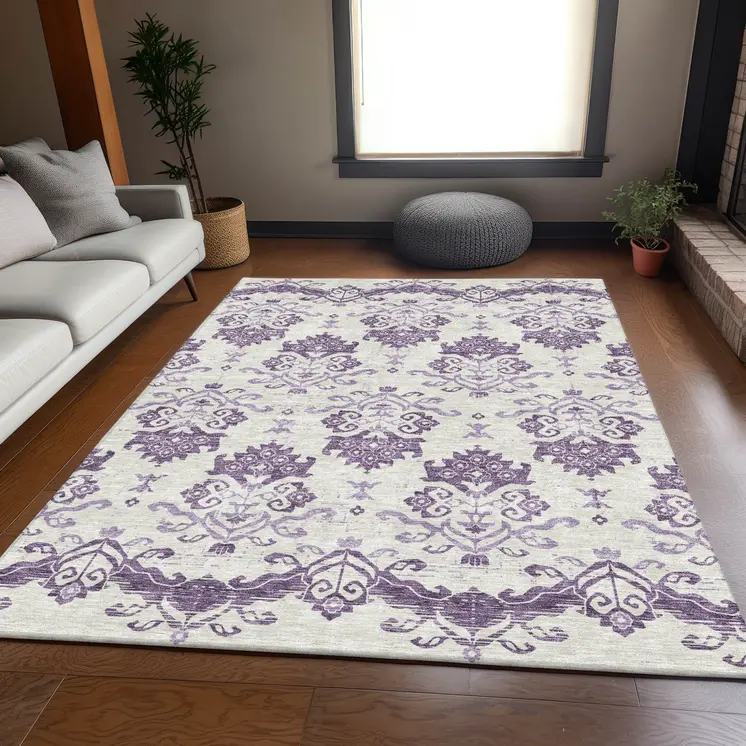 10' X 14' Purple Silver And Lilac Oriental Washable Indoor Outdoor Area Rug
