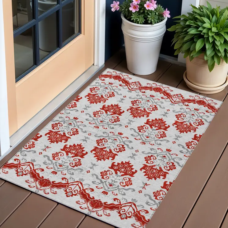 3' X 5' Red Gray And Silver Oriental Washable Indoor Outdoor Area Rug
