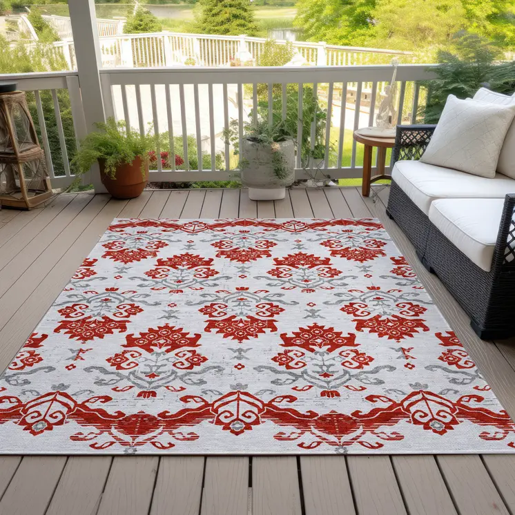 3' X 5' Red Gray And Silver Oriental Washable Indoor Outdoor Area Rug