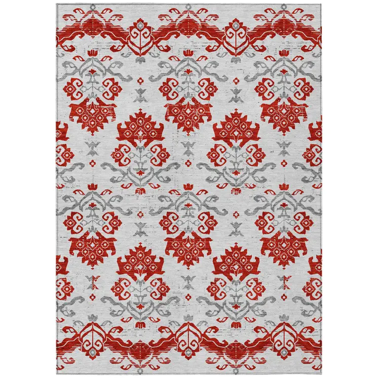 3' X 5' Red Gray And Silver Oriental Washable Indoor Outdoor Area Rug