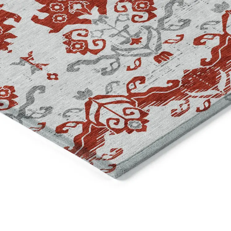 3' X 5' Red Gray And Silver Oriental Washable Indoor Outdoor Area Rug