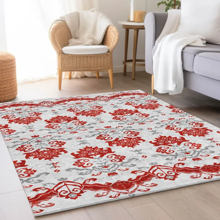 3' X 5' Red Gray And Silver Oriental Washable Indoor Outdoor Area Rug