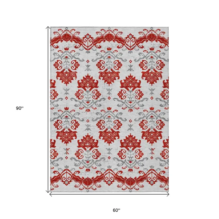 5' X 8' Red Gray And Silver Oriental Washable Indoor Outdoor Area Rug