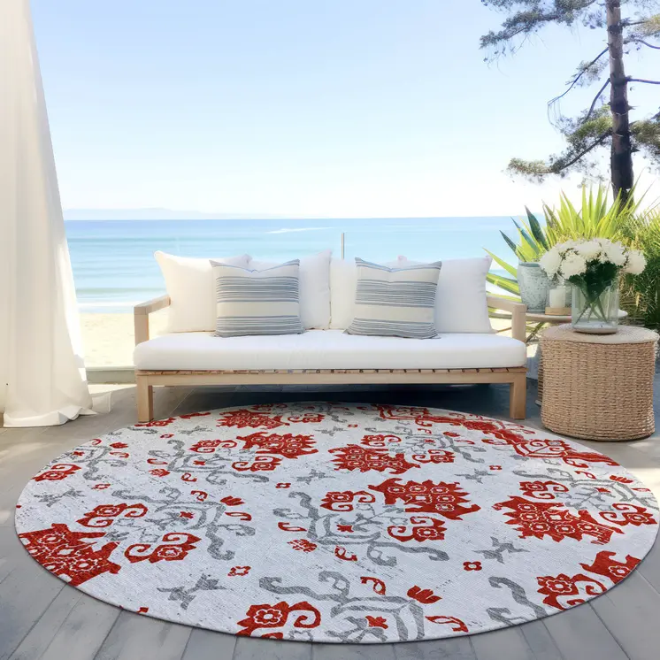 8' Red Gray And Silver Round Oriental Washable Indoor Outdoor Area Rug