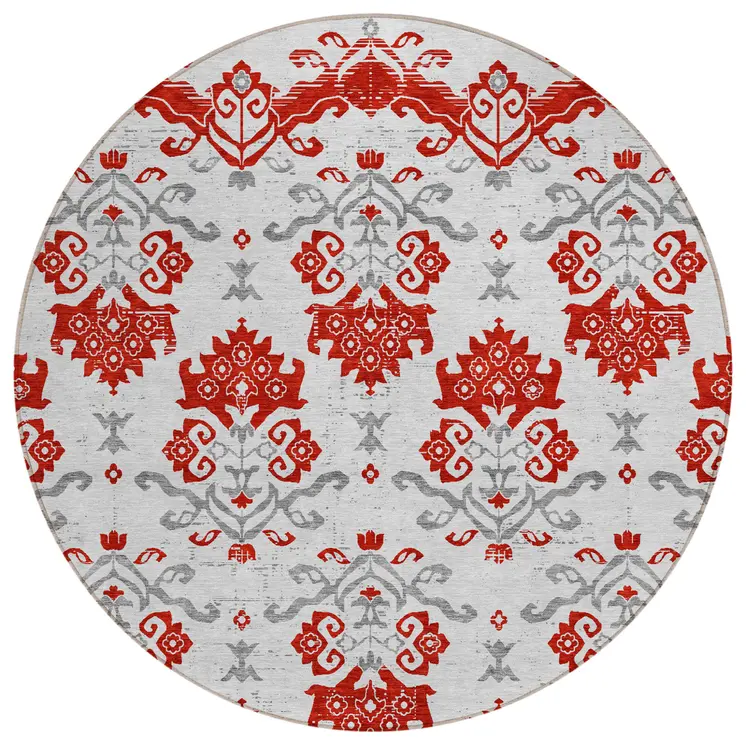 8' Red Gray And Silver Round Oriental Washable Indoor Outdoor Area Rug