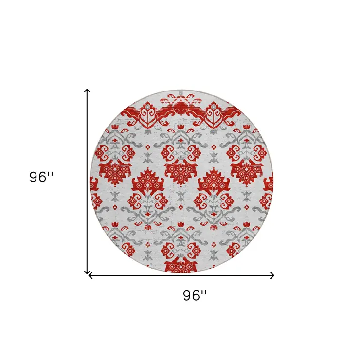 8' Red Gray And Silver Round Oriental Washable Indoor Outdoor Area Rug