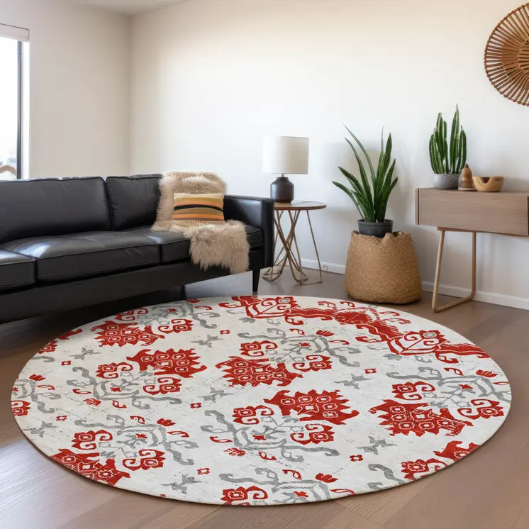 8' Red Gray And Silver Round Oriental Washable Indoor Outdoor Area Rug