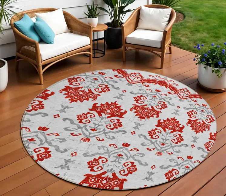 8' Red Gray And Silver Round Oriental Washable Indoor Outdoor Area Rug