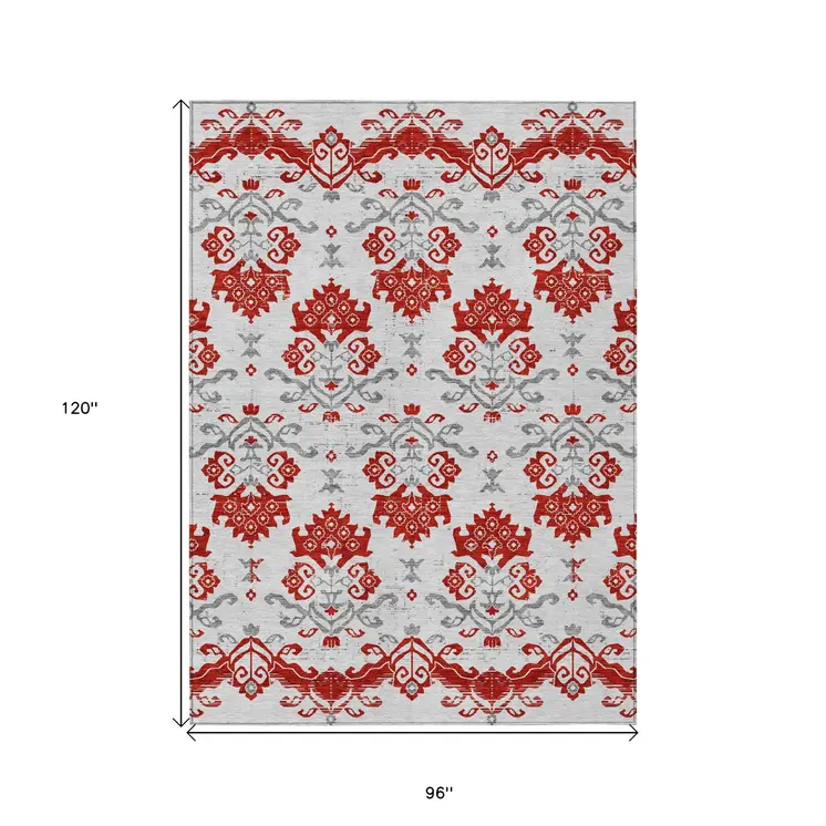 8' X 10' Red Gray And Silver Oriental Washable Indoor Outdoor Area Rug