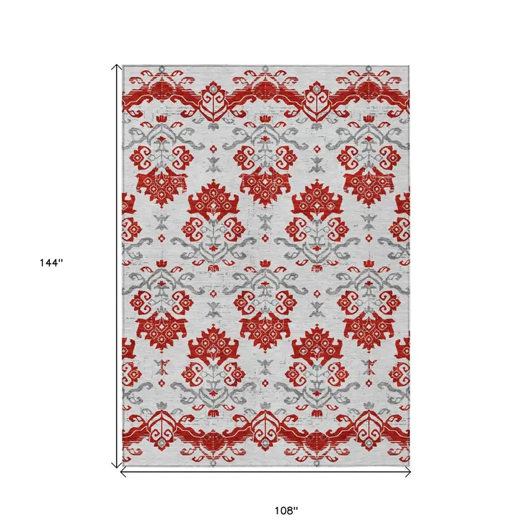 9' X 12' Red Gray And Silver Oriental Washable Indoor Outdoor Area Rug