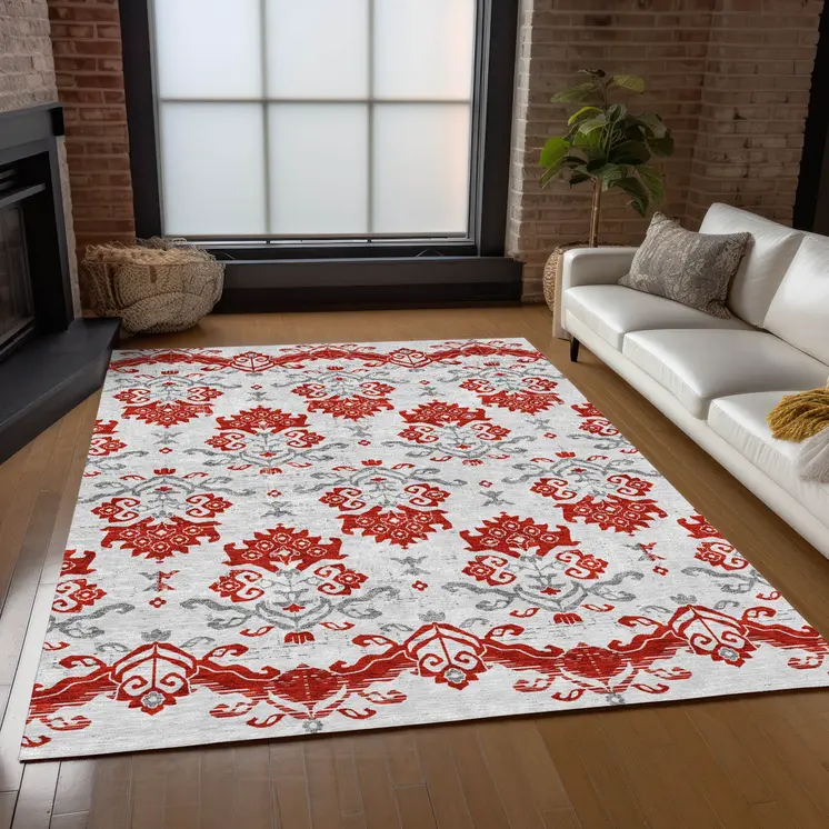 9' X 12' Red Gray And Silver Oriental Washable Indoor Outdoor Area Rug