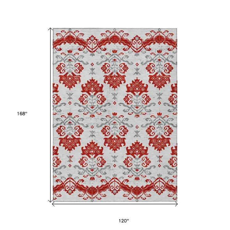 10' X 14' Red Gray And Silver Oriental Washable Indoor Outdoor Area Rug