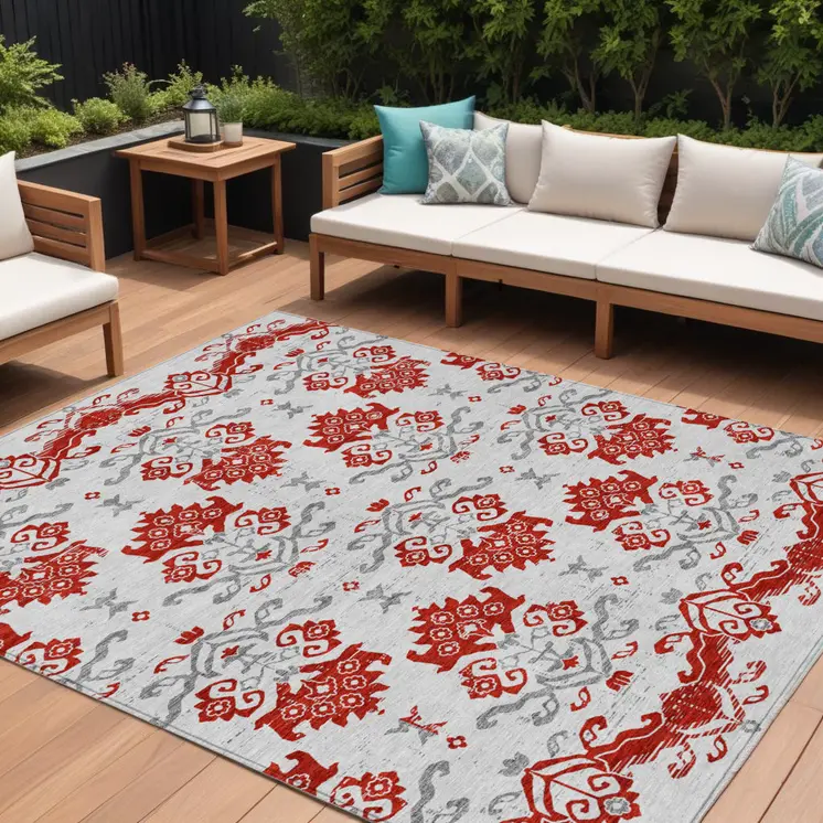 10' X 14' Red Gray And Silver Oriental Washable Indoor Outdoor Area Rug