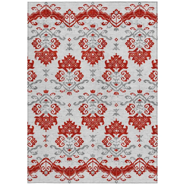 10' X 14' Red Gray And Silver Oriental Washable Indoor Outdoor Area Rug