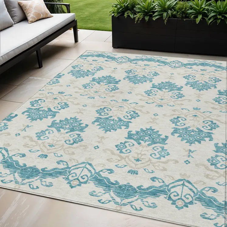 5' X 8' Teal Blue Silver And Gray Oriental Washable Indoor Outdoor Area Rug