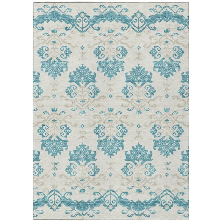 5' X 8' Teal Blue Silver And Gray Oriental Washable Indoor Outdoor Area Rug