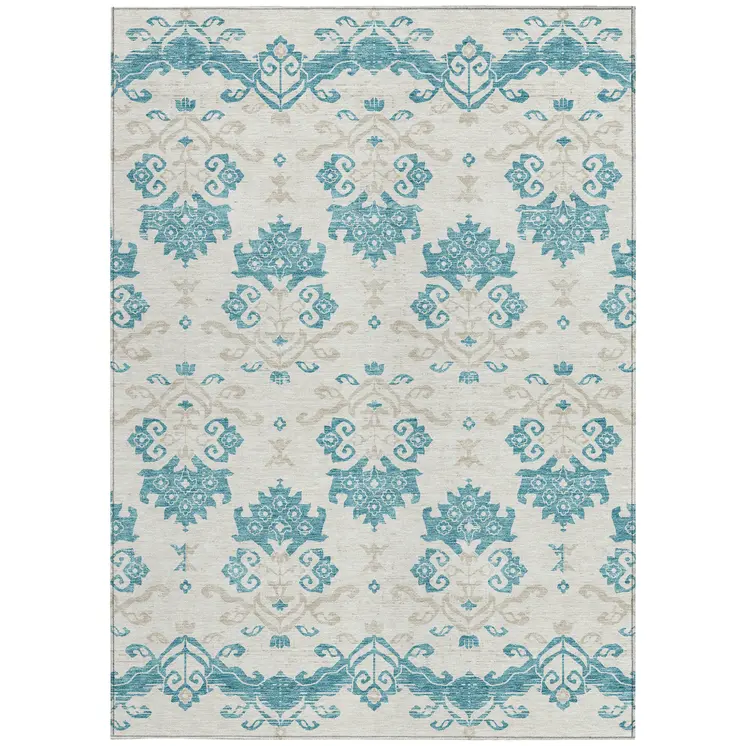 5' X 8' Teal Blue Silver And Gray Oriental Washable Indoor Outdoor Area Rug