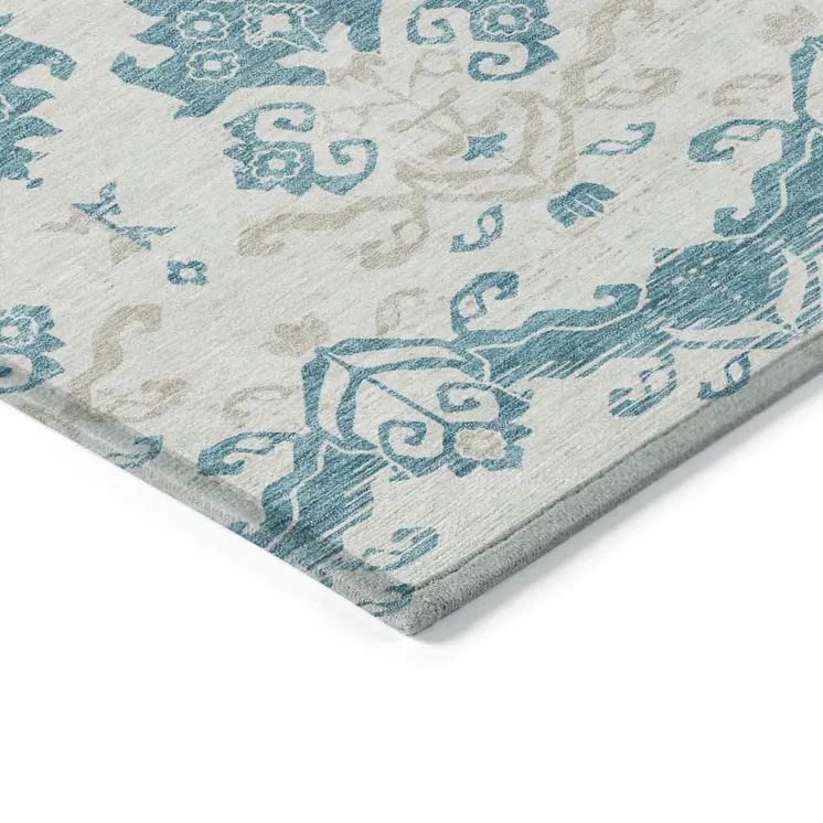 5' X 8' Teal Blue Silver And Gray Oriental Washable Indoor Outdoor Area Rug
