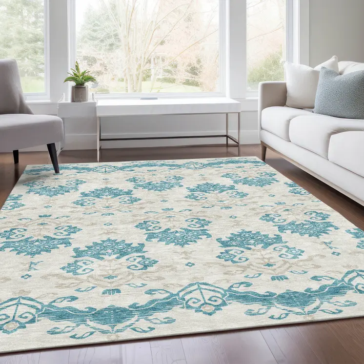 5' X 8' Teal Blue Silver And Gray Oriental Washable Indoor Outdoor Area Rug