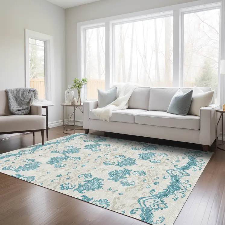 5' X 8' Teal Blue Silver And Gray Oriental Washable Indoor Outdoor Area Rug