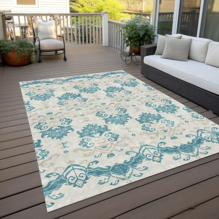 5' X 8' Teal Blue Silver And Gray Oriental Washable Indoor Outdoor Area Rug
